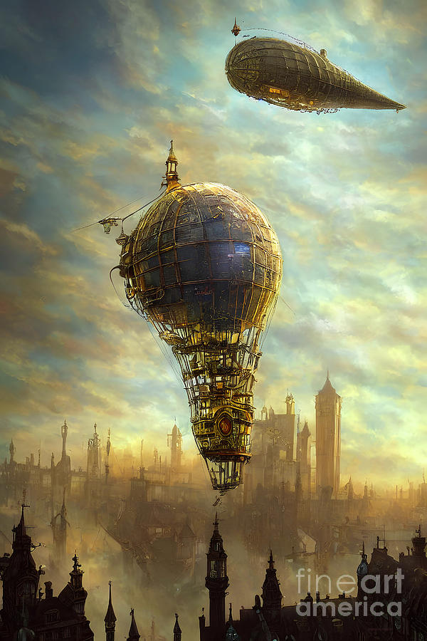 Steampunk Airships Flying Over City 20221025b Mixed Media By