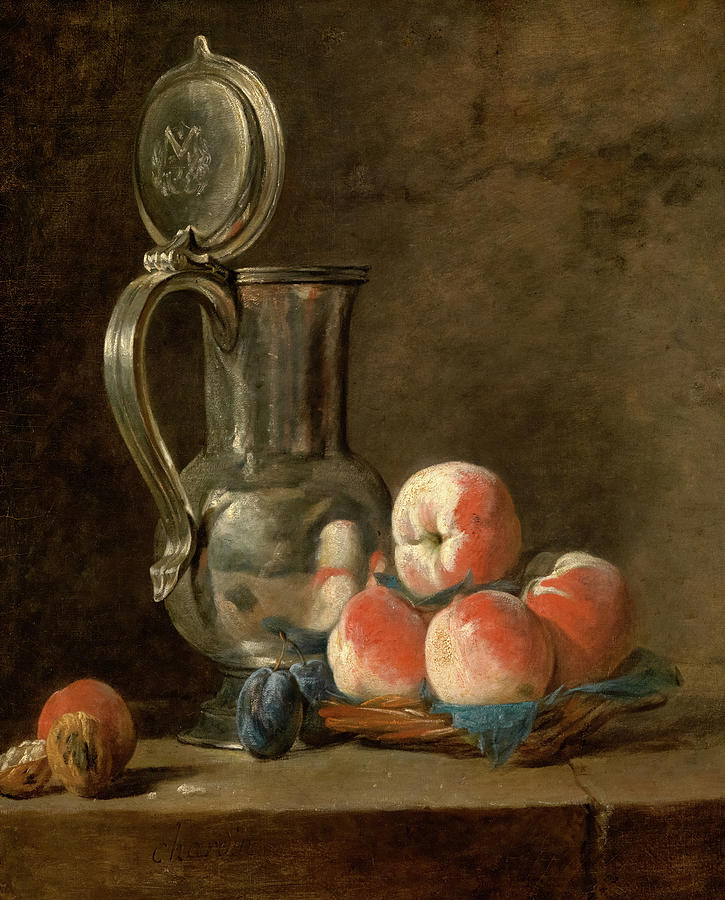 Still Life With Pewter Jug And Peaches Painting By Jean Simeon