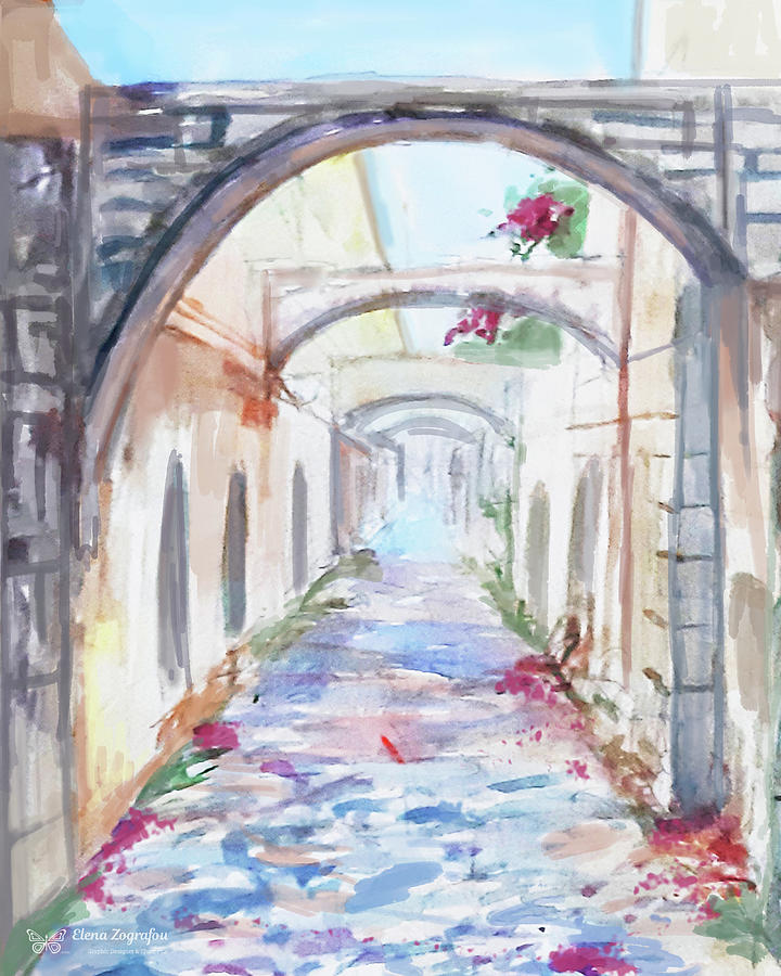 Street Of Old Town In Rhodes Watercolor Painting Painting By Elena