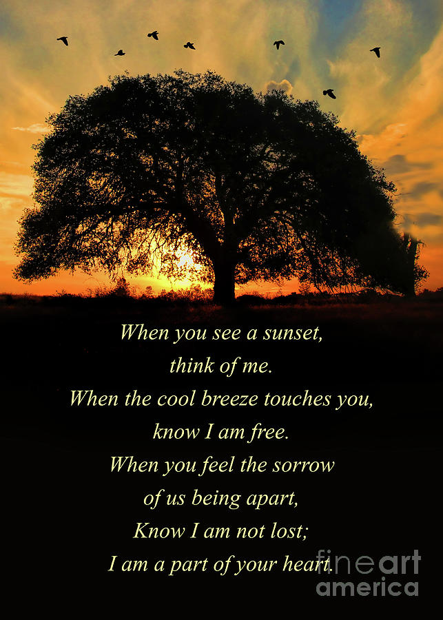 Sympathy Memorial Spiritual Poem With Oak Tree Sunset And Birds