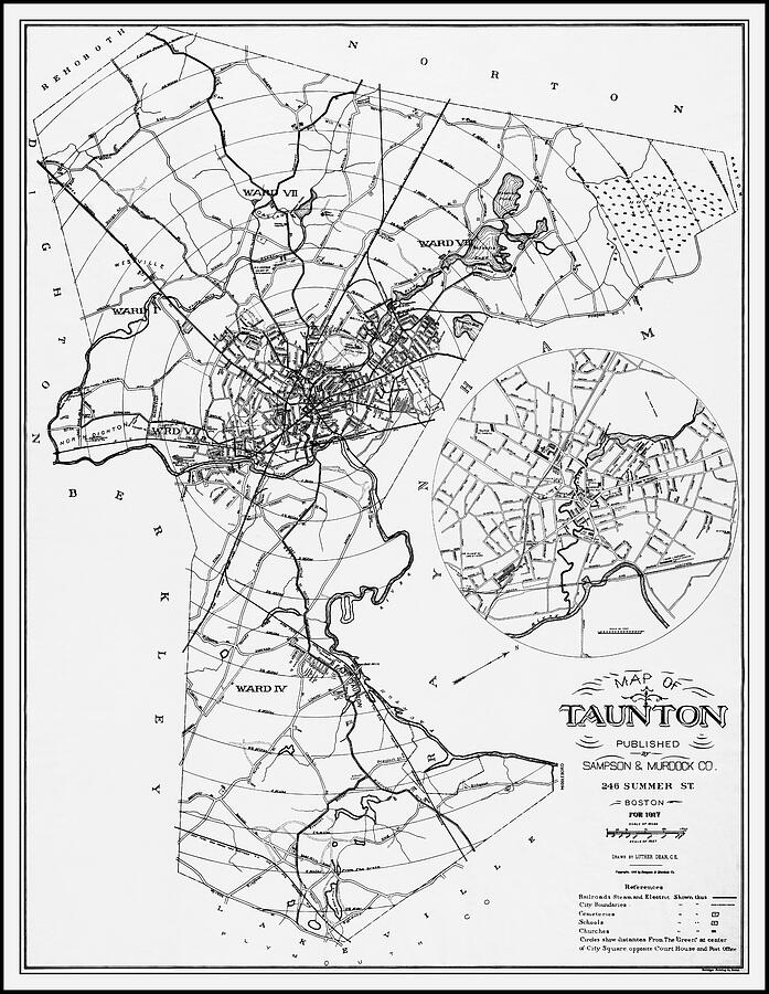 Taunton Massachusetts Vintage Historical Map 1917 Black And White