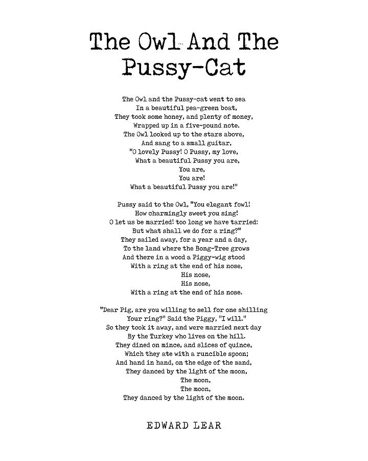 The Owl And The Pussy Cat Edward Lear Poem Literature Typewriter