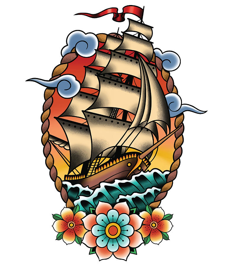 Traditional Tattoo Sailing Ship Clipper Ship Painting By Davis Watson