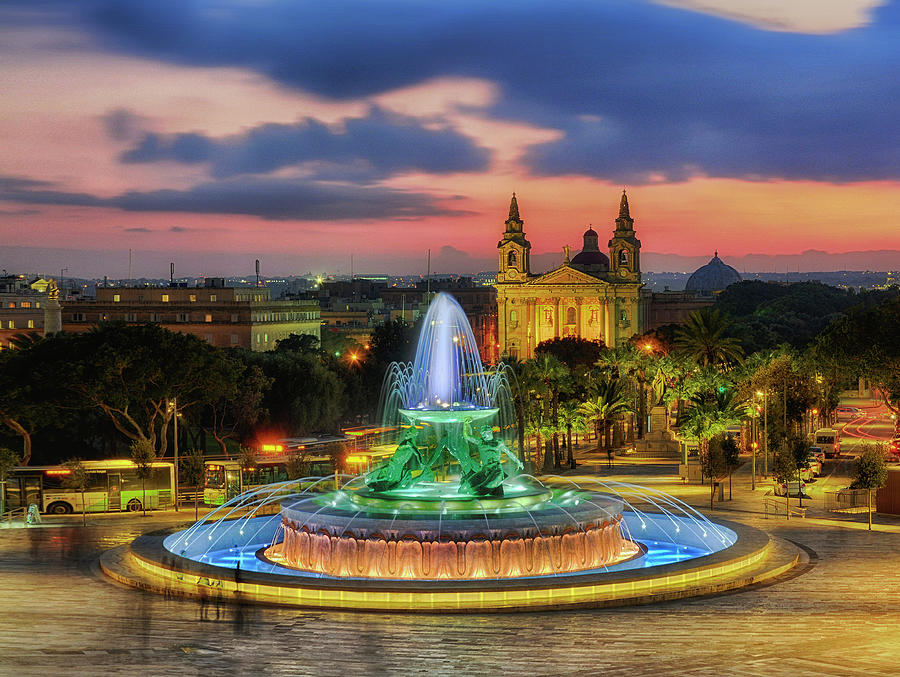 Triton Fountain At Sunset In Valletta Cityscape Photo Photograph By