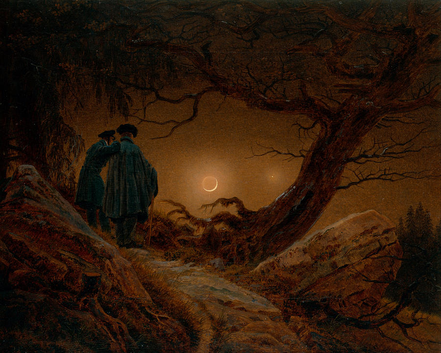 Two Men Contemplating The Moon By Caspar David Friedrich Painting By