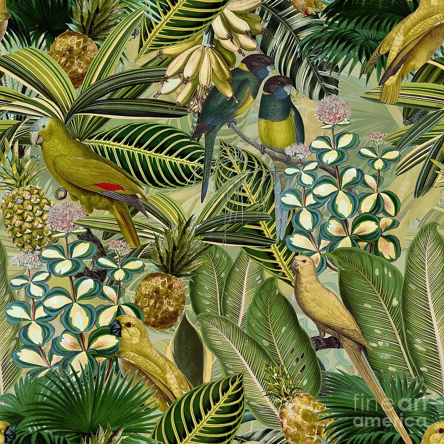 Vintage Green Tropical Bird Jungle Garden Painting By Hughes Fox Fine