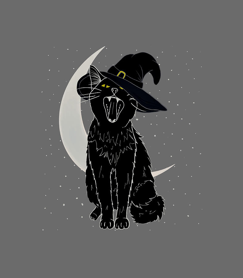 Vintage Scary Halloween Black Cat Costume Witch Hat Moon Digital Art By