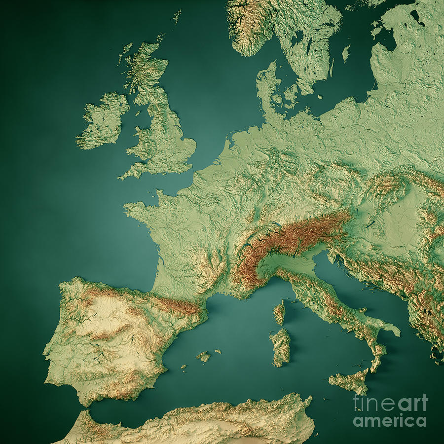 Western Europe D Render Topographic Map Dark Ocean Color Digital Art