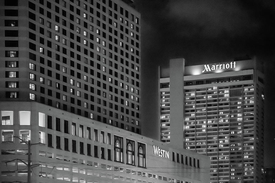 Westin And Marriott At Night In Black And White Photograph By Greg