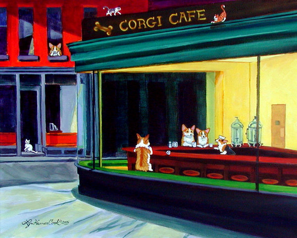 Lyn Cook - Corgi Cafe after Hopper Print Lyn Cook - Corgi Cafe after Hopper Print