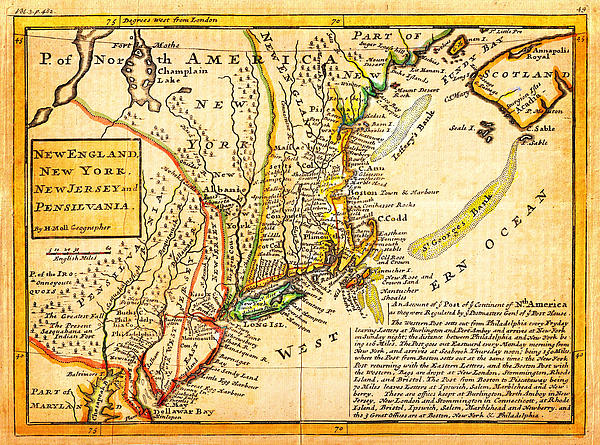 1729 Moll Map of New York New England and Pennsylvania First Postal Map 