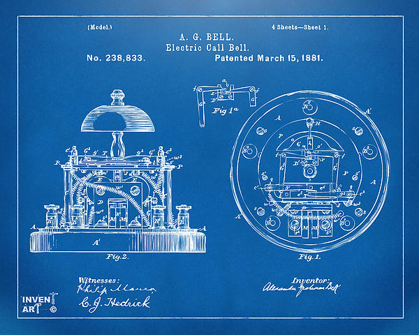 1881 Alexander Graham Bell Electric Call Bell Patent Blueprint Beach 