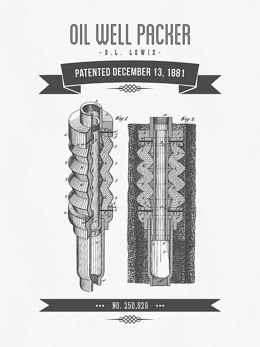 Aged Pixel - 1881 Oil Well Packer Patent Drawing - Retro Gray