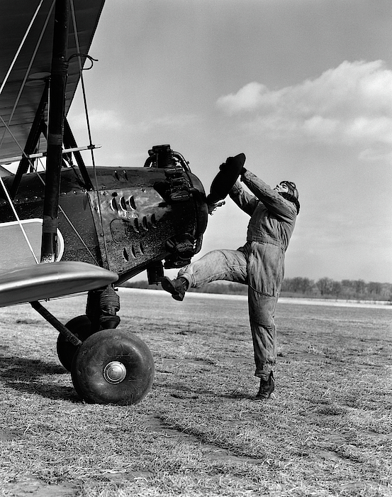 1920s Male Pilot Trying To Turn Planes Greeting Card by Vintage Images