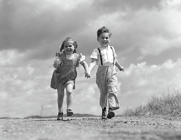 1940s Boy Girl Holding Hands Running Duvet Cover For Sale By Vintage Images