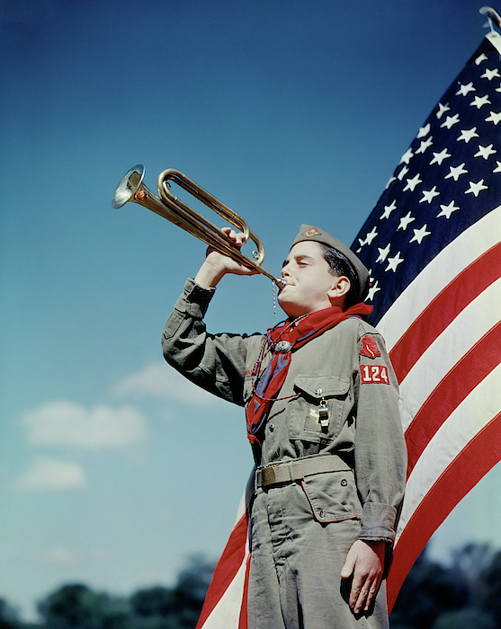 1950s Boy Scout Blowing Bugle In Front Greeting Card by Vintage Images