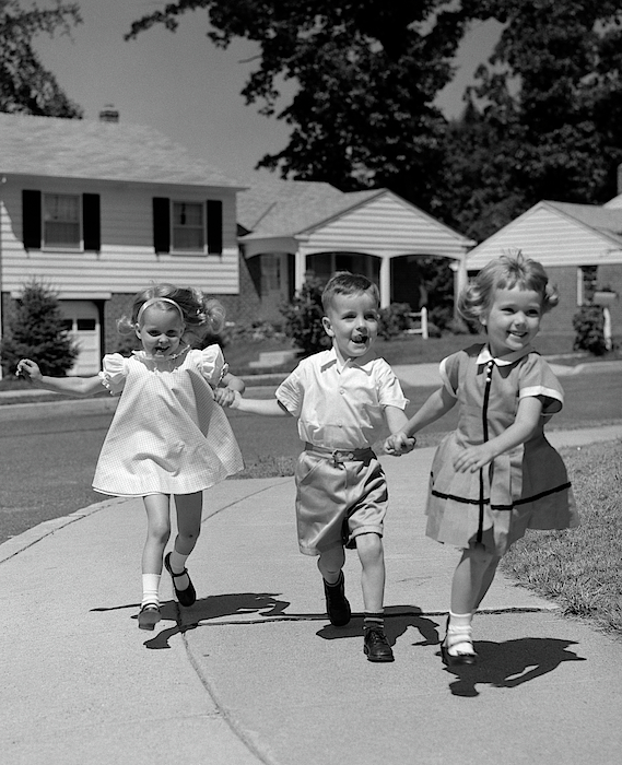 1960s 3 Kids Walking Skipping Running Greeting Card by Vintage Images