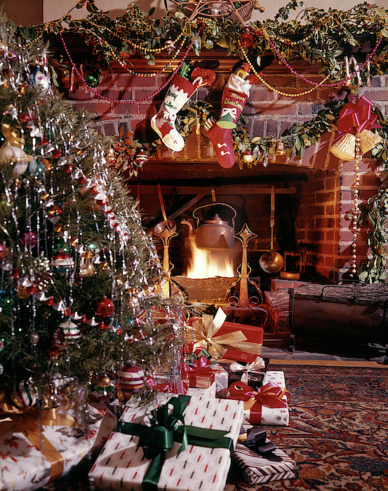 1960s Christmas Tree Stockings Presents Fleece Blanket by Vintage