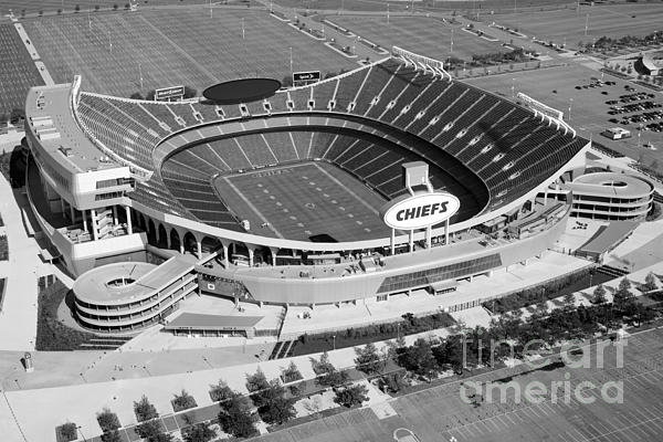 Arrowhead Stadium and Kauffman Stadium aerial view in black and white  Jigsaw Puzzle by Eldon McGraw - Pixels