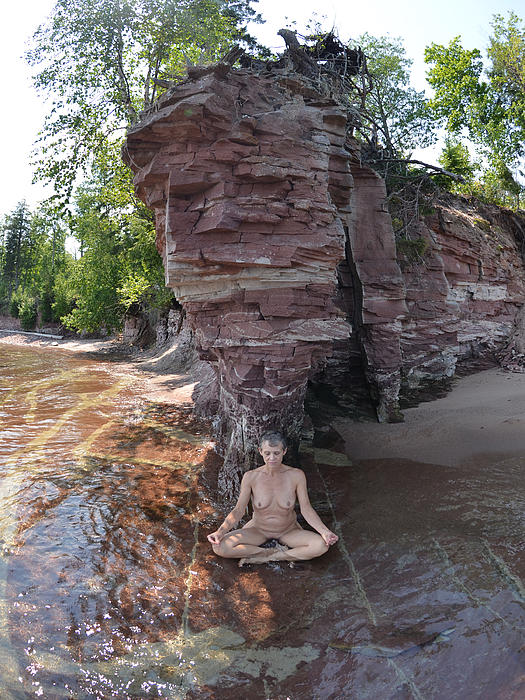 mature nudist  6219 Lake Superior Mature Nude Woman Meditating on the Shore Greeting Card  by Chris Maher