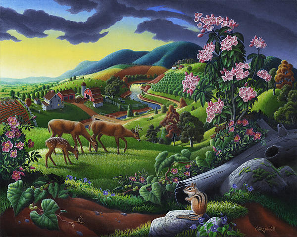 Walt Curlee - Deer Chipmunk Summer Appalachian Folk Art - Rural Country Farm Landscape - Americana 