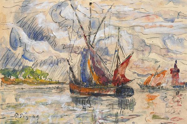 Fishing Boats in La Rochelle Hand Towel by Paul Signac - Bridgeman Prints