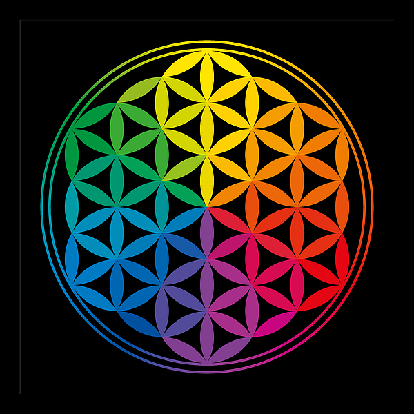 Rainbow colored Seed of Life in gray Flower of Life over black Yoga Mat