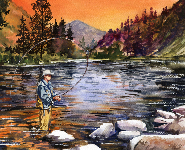 Fly Fishing at Sunset Mountain Lake Greeting Card by Beth Kantor