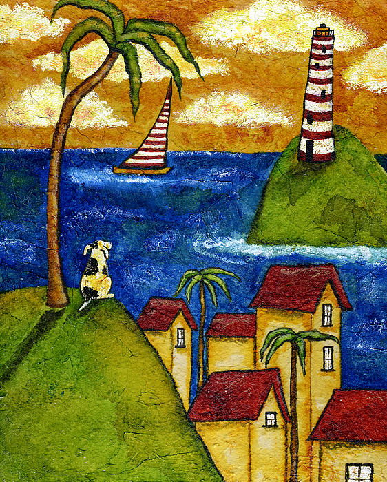 Harbor boat boy dog town ship sea lighthouse Giclee ACEO print folk art Criswell 
