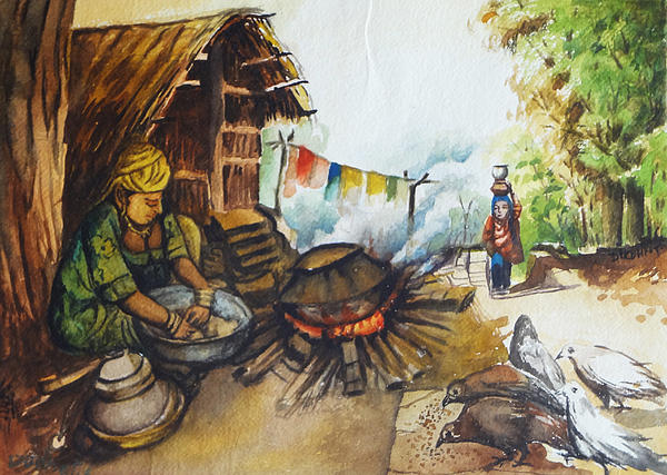 Village Life Drawing by Mahesh Pal Gobra | Saatchi Art