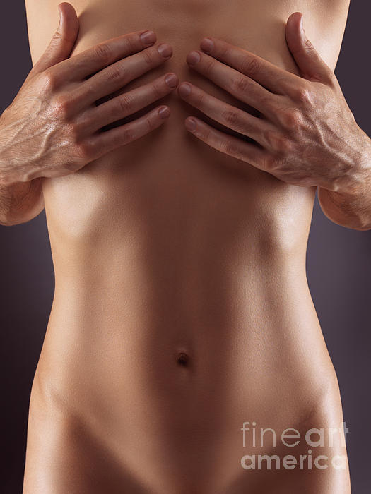 Woman Covering Her Big Breasts with Her Hands Stock Photo - Image