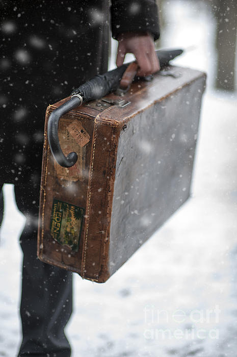 Man Holding A Vintage Leather Suitcase In Winter Snow Kids T-Shirt by Lee  Avison - Fine Art America