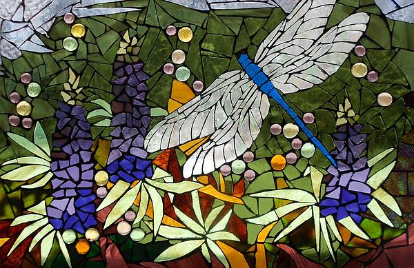 Catherine Van Der Woerd - Mosaic Stained Glass - Lupins and dragonfly