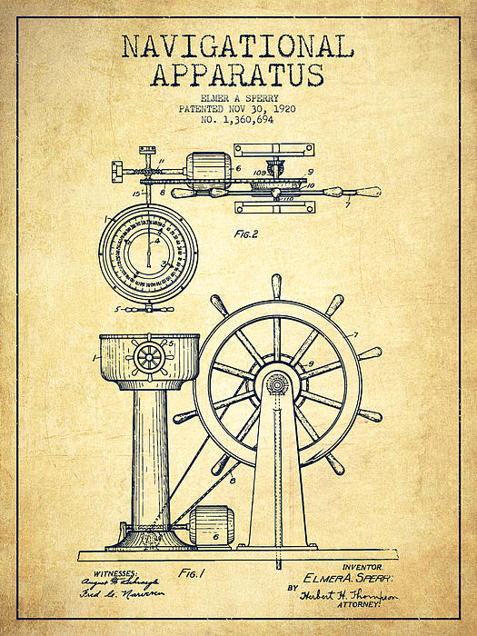 Aged Pixel - Navigational Apparatus Patent Drawing From 1920 - Vintage