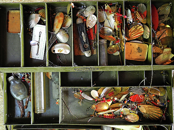 Old Fishing Tackle Box Is Filled Beach Towel by John Orcutt - Fine