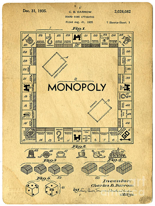 Original Patent for Monopoly Board Game Greeting by Edward Fielding