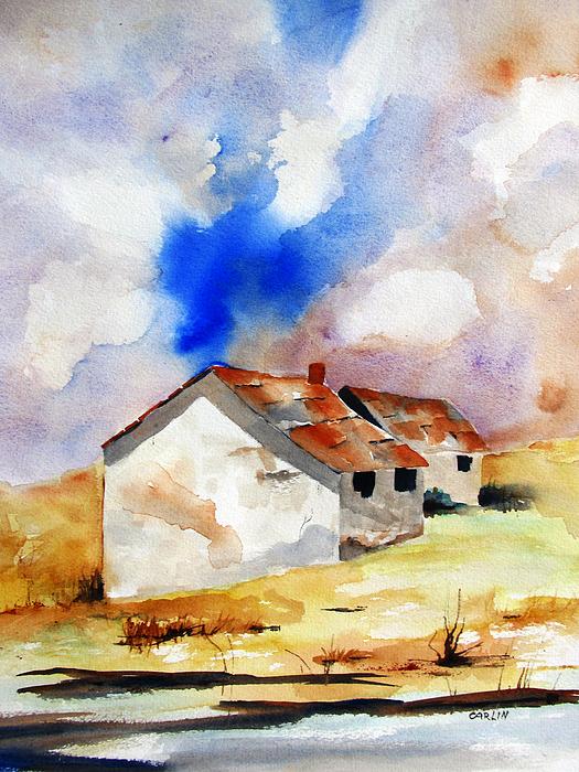 Carlin Blahnik CarlinArtWatercolor - Rural Houses and Dramatic Sky