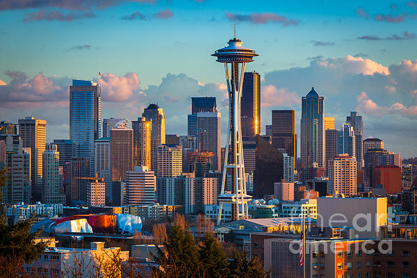 Skyscrapers in A City Lit Up at Night Space Needle Seattle King County Washington State | Canvas Wall Art | 36x12 | Great Big Canvas