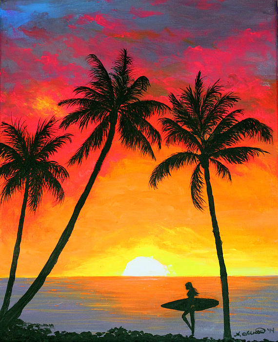 Surfing Girl Sunset Tropical Beach Rendering Poster 18x12 inch