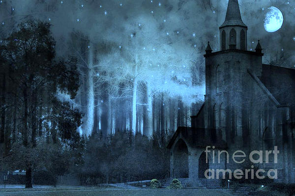 Kathy Fornal - Surreal Gothic Church Full Moon and Stars