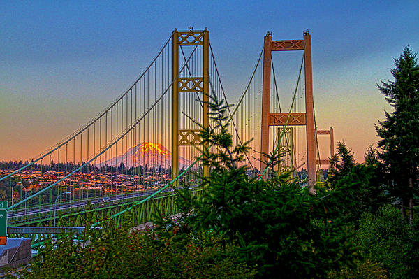 Tacoma Narrows Bridge With Mt Rainier by Dan Quam