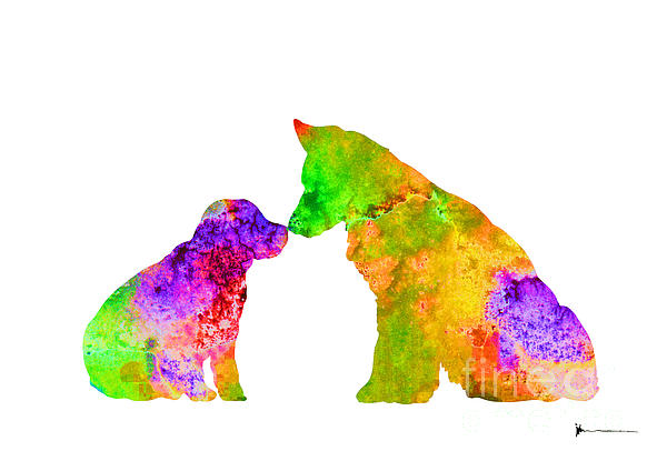 Two Dogs Silhouette Art Print Watercolor Painting Greeting Card - 