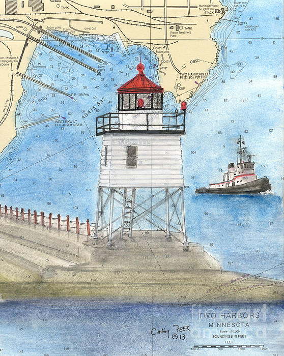Cathy Peek - Two Harbors E Breakwater Lighthouse MN Cathy Peek Nautical Chart Map Art