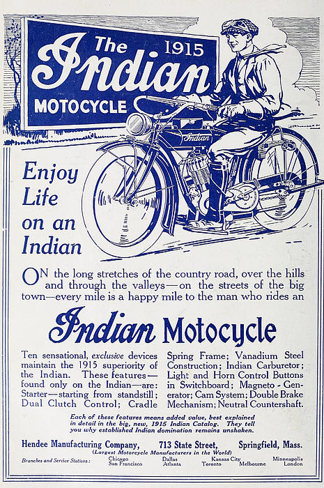 Vintage 1915 Indian Motorcycle Tote Bag by Georgia Fowler - Pixels