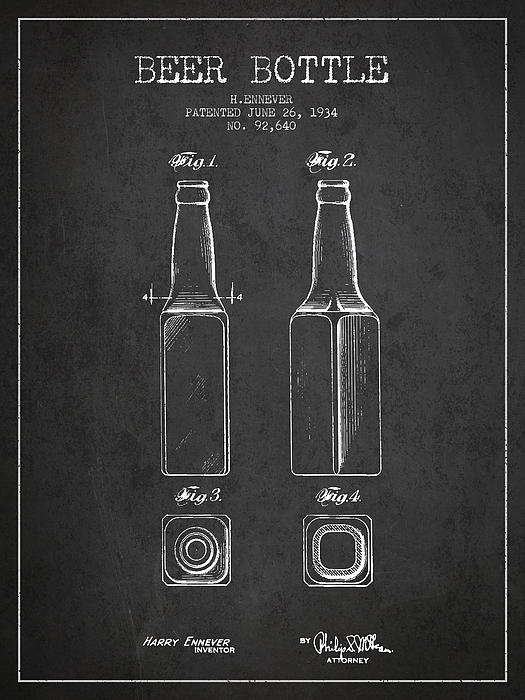 Vintage Beer Bottle Patent Drawing From 1934 - Dark Greeting Card For 