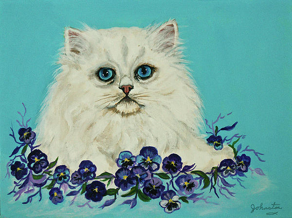 Bob and Nadine Johnston - White Persian in Pansy Patch ORIGINAL ForSale