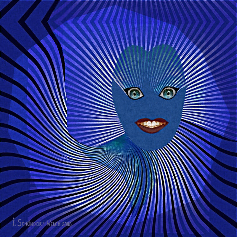Blue Painting -  383 - Happy Blue Little  Monster   Face by Irmgard Schoendorf Welch