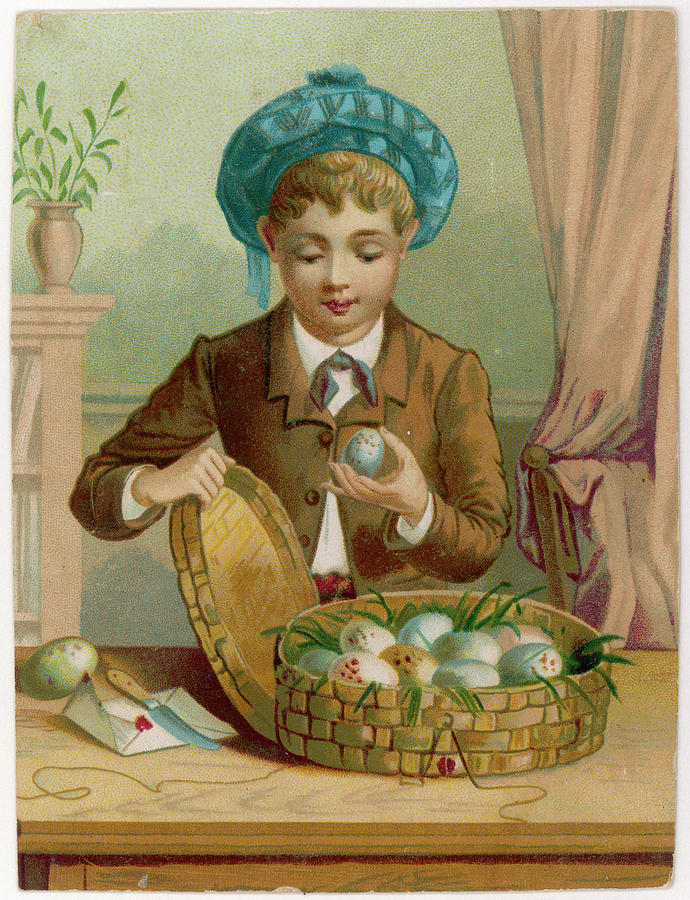Egg Drawing -  A Boy Opens A Basket Of Eggs by Mary Evans Picture Library