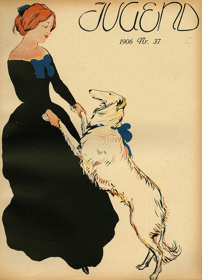 Dog Drawing -  A Lady And Her Borzoi Perform  A Pas by Mary Evans Picture Library