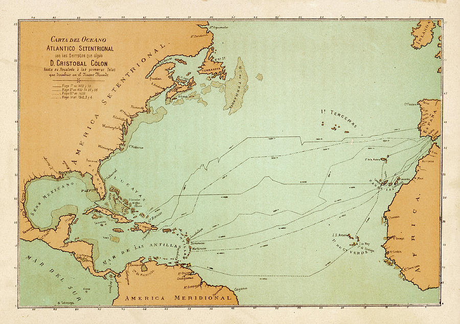 A Map Showing The Travels Of Columbus Drawing By Mary Evans Picture    A Map Showing The Travels Of Columbus Mary Evans Picture Library 